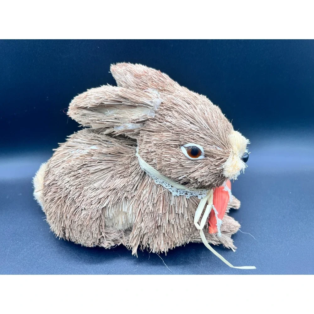Rustic Sisal Straw Bunny Figurine‎ Easter Decor Brown Rabbit Carrot Lace 6